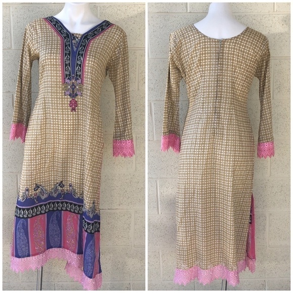 TAN Purple & Pink Paisley Pattern Indian Dress Kurta - Picture 1 of 6